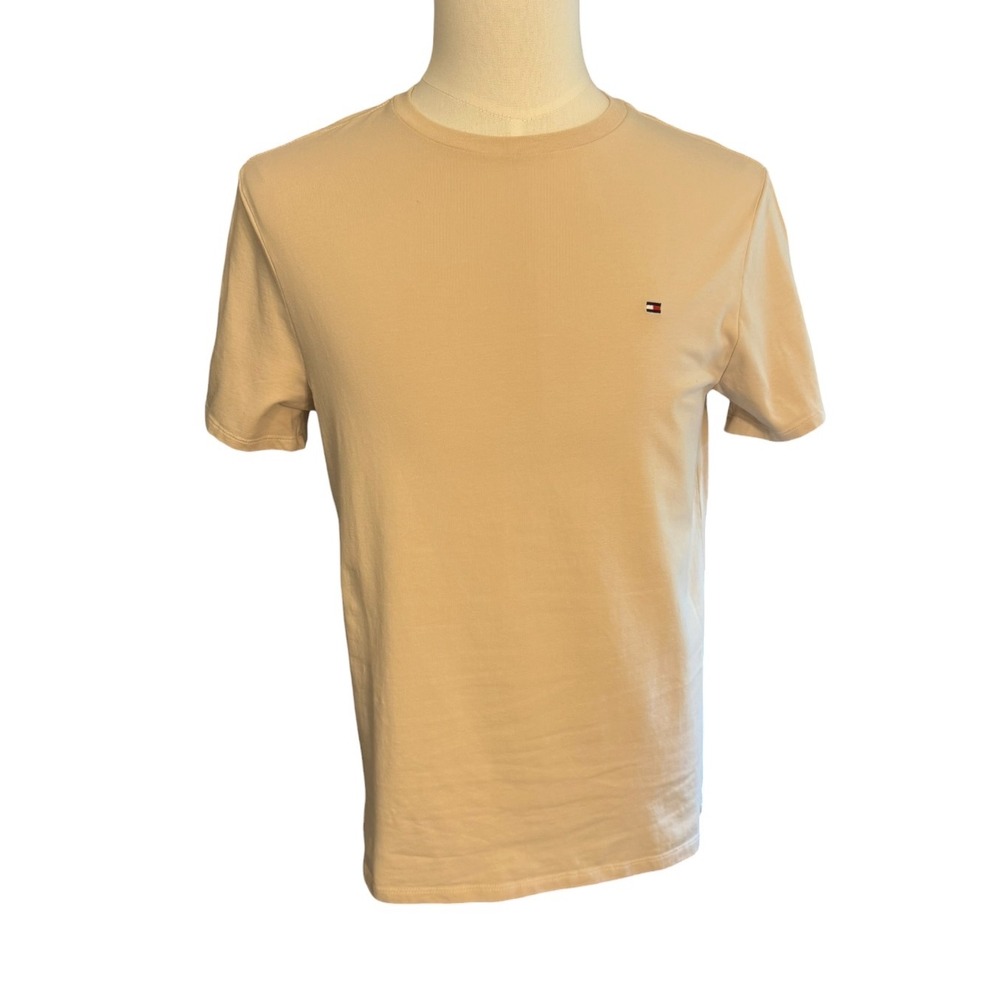 Tommy Hilfiger Mens Tan Beige Embroidered Flag Logo Crew Neck T-Shirt Size S